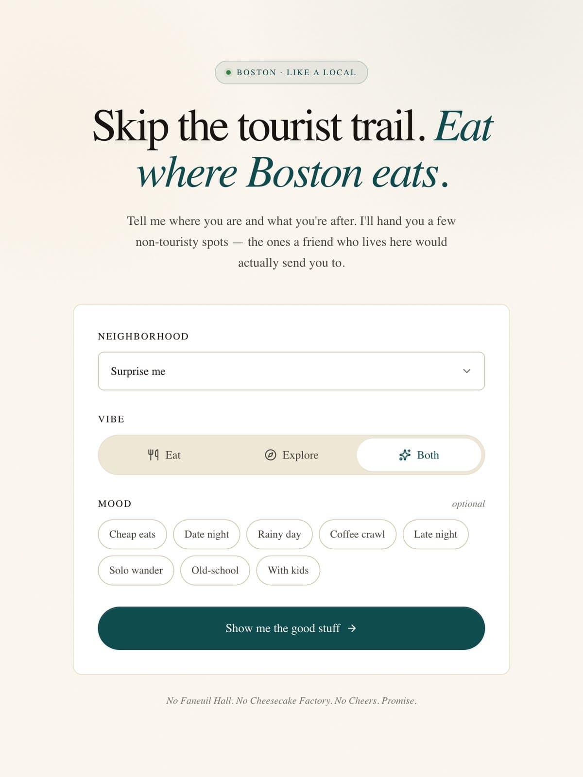 Boston Like a Local: pick a neighborhood, a vibe, and an optional mood