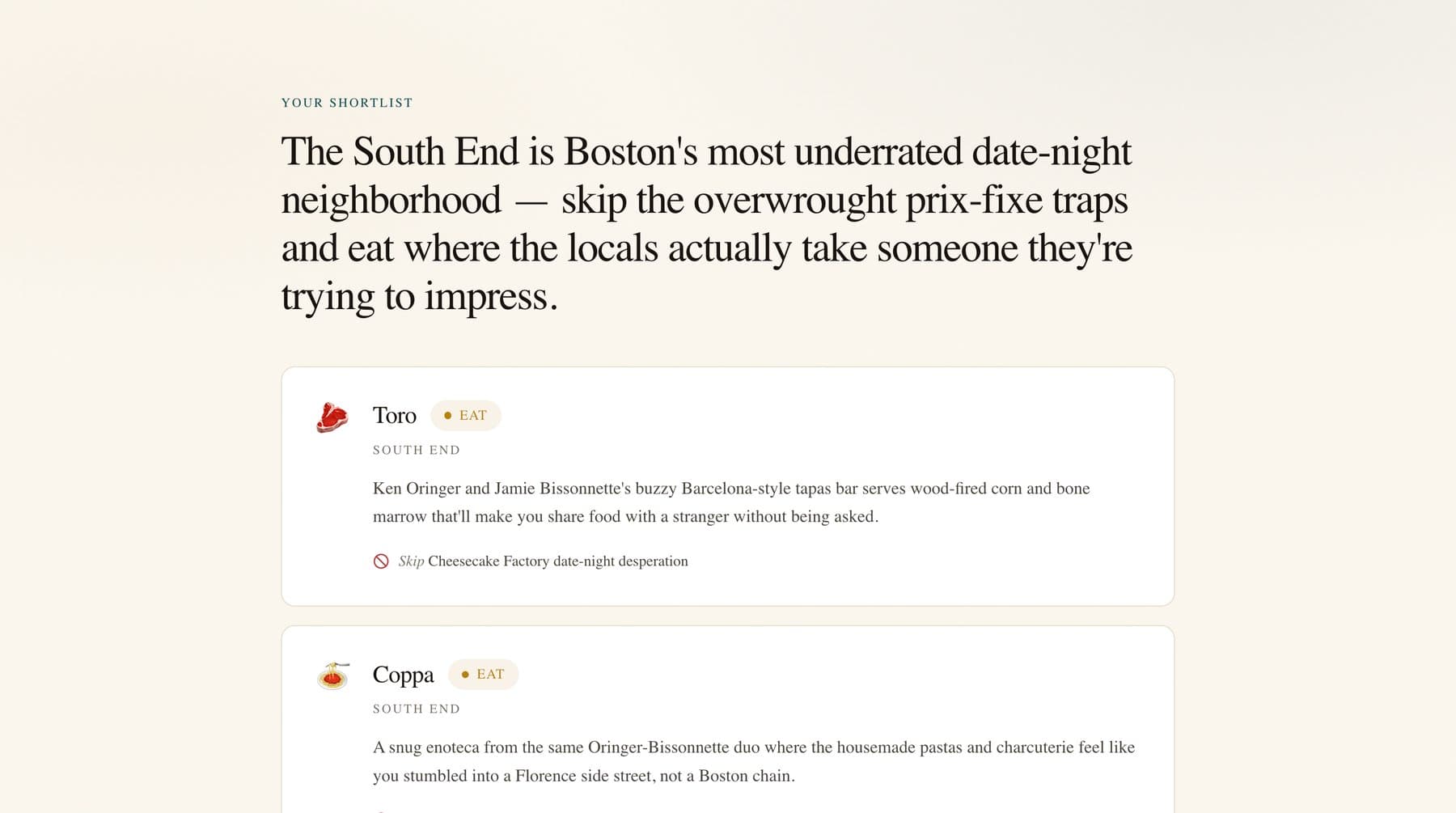 The shortlist it hands back: real local picks, each with the tourist trap it replaces