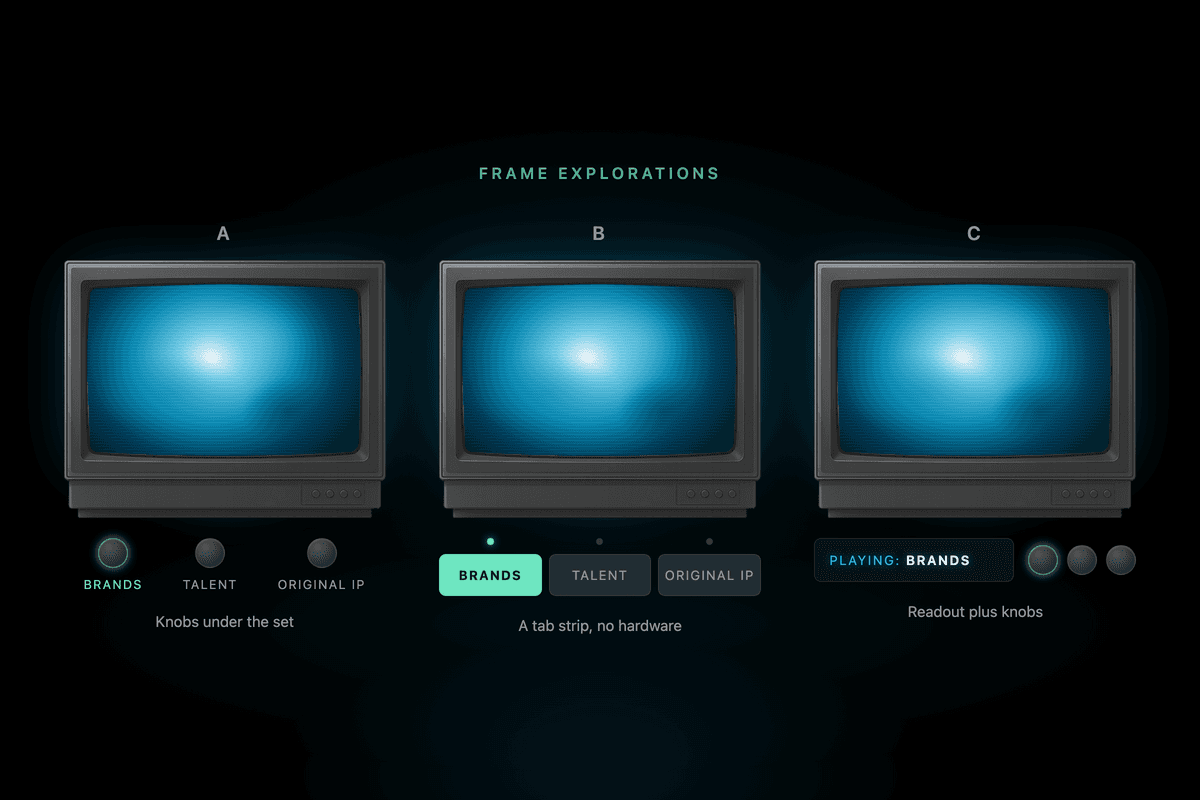 Three concepts for switching reels — knobs under the set, a tab strip, and a readout with knobs