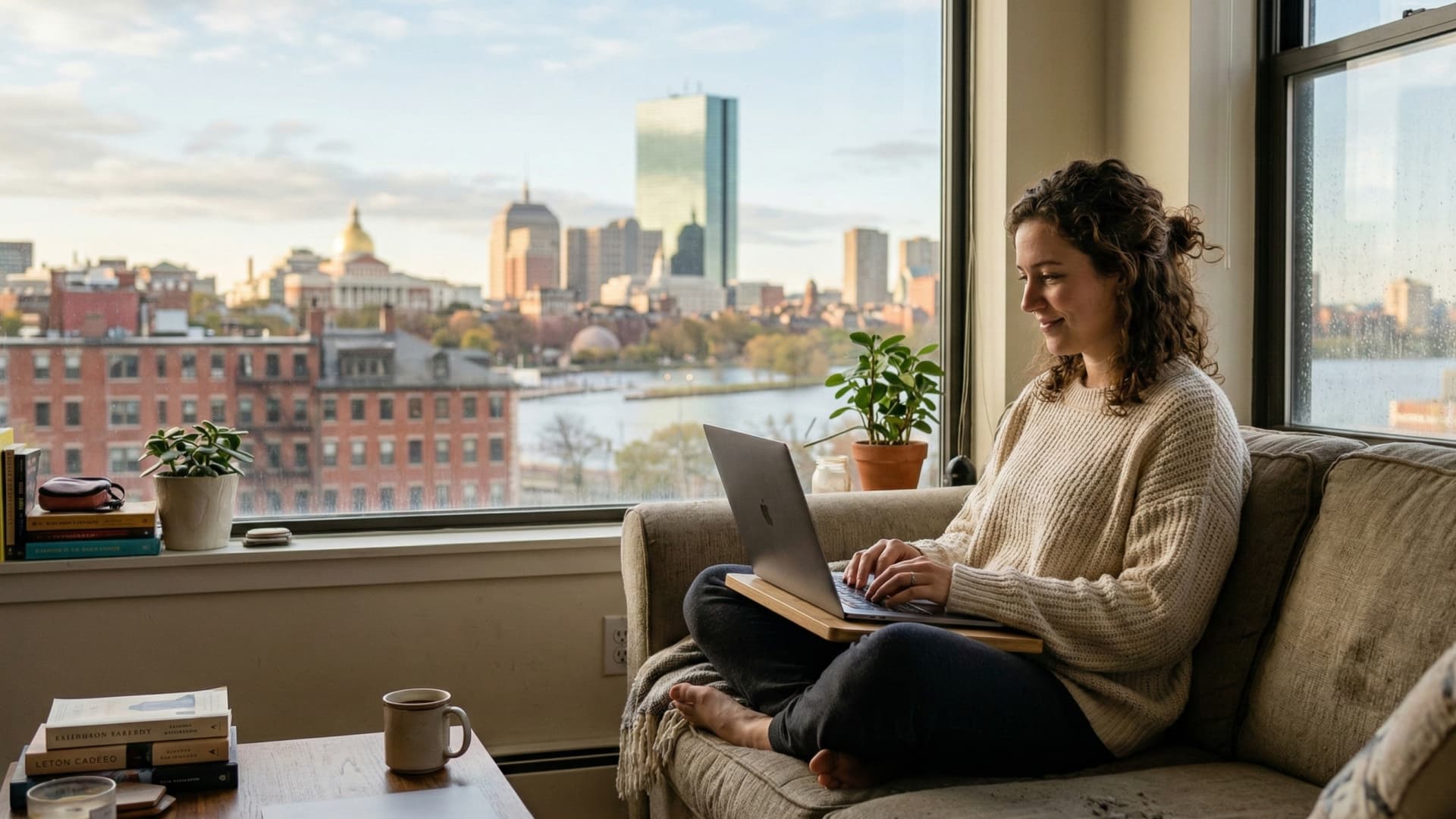 Woman working on laptop overlooking Boston skyline