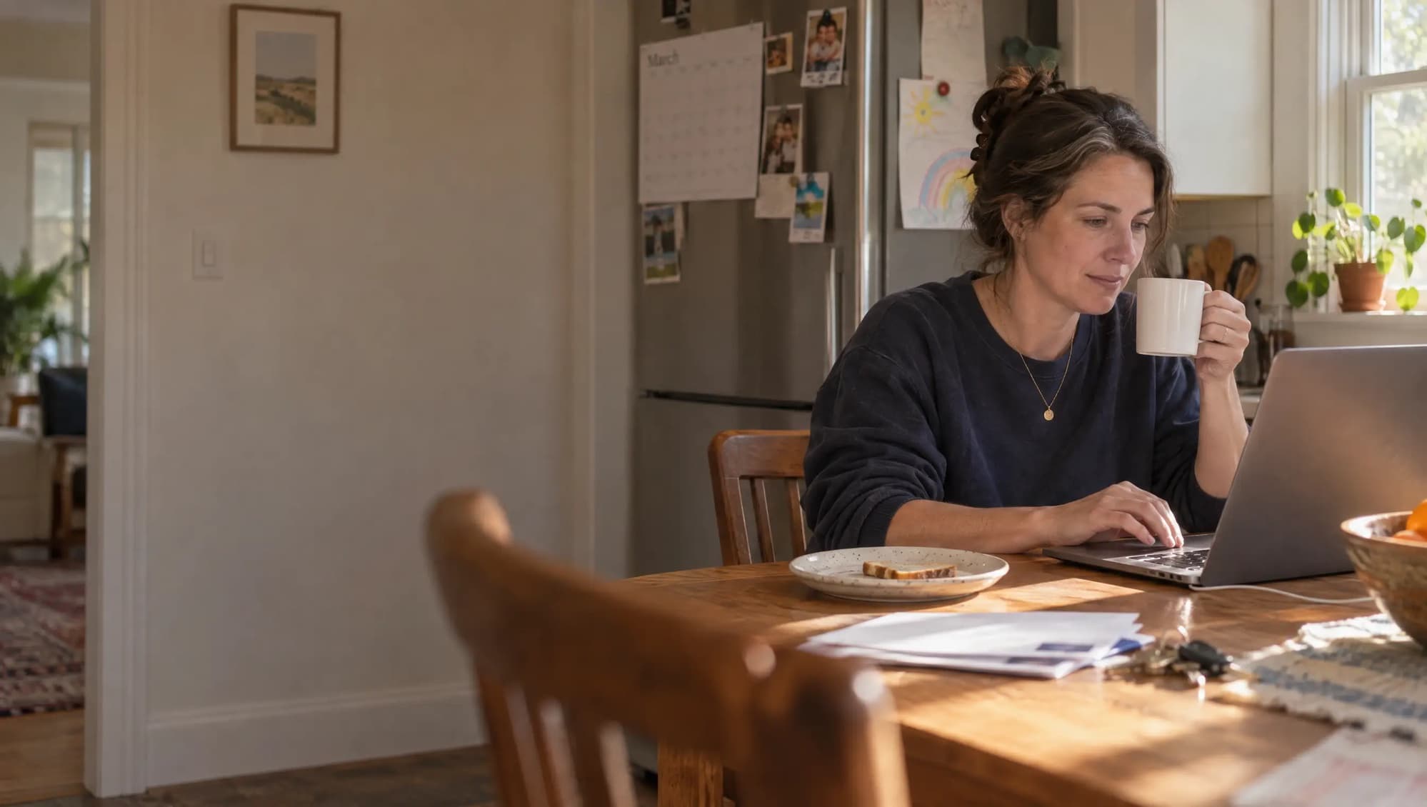 A real user working on a laptop at her kitchen table with a morning coffee